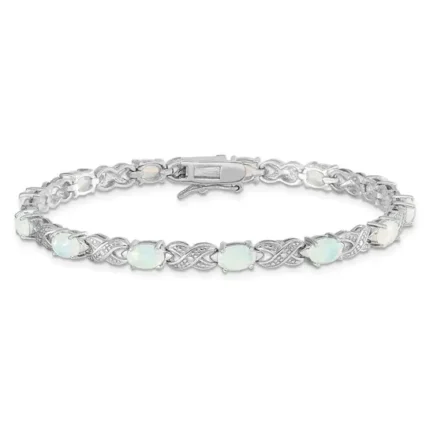 Sterling Silver Rhodium Plated 7.5inch Created opal XO Bracelet